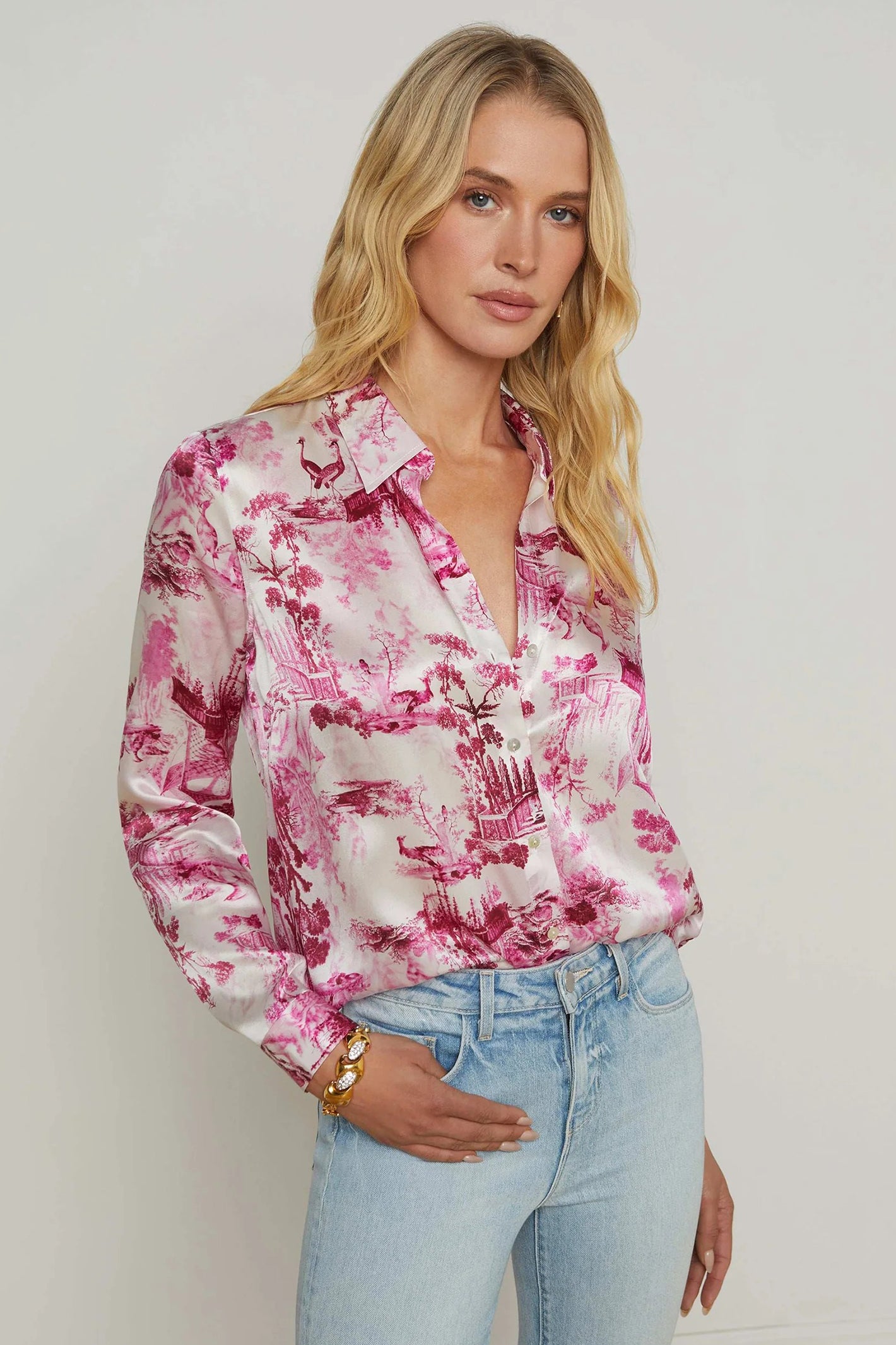 L'Agence Tyler White Pink Porcelain Toile Print Silk Blouse 40223PUF
