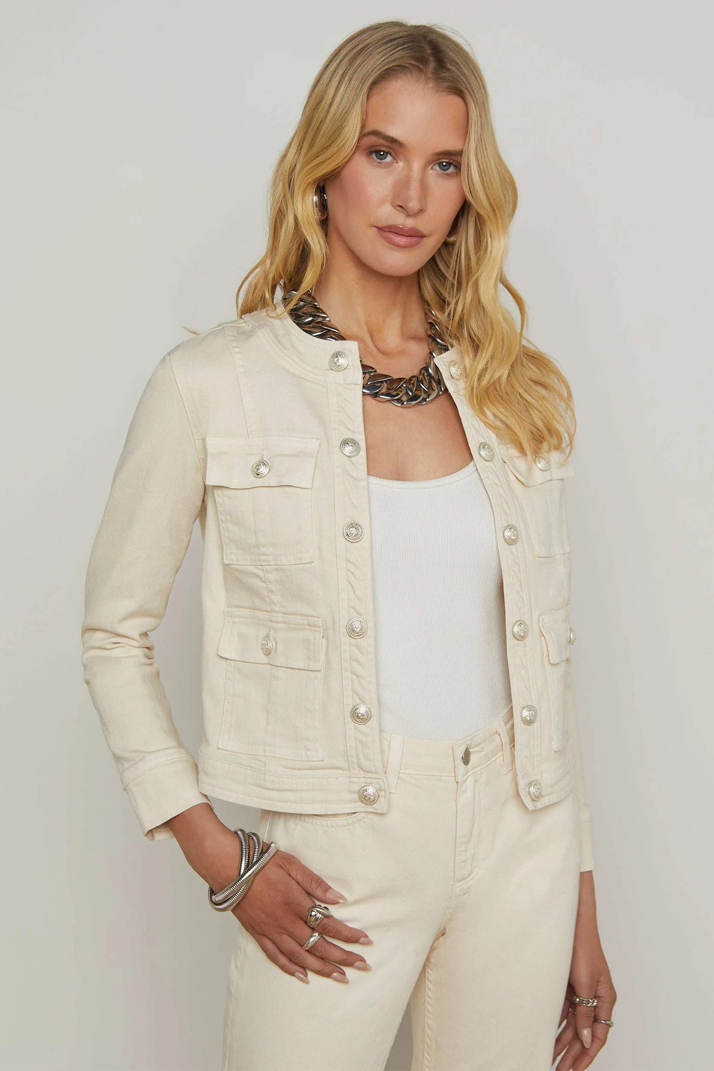 L'Agence Yari French Vanilla Cream Collarless Denim Jacket 1646KBO