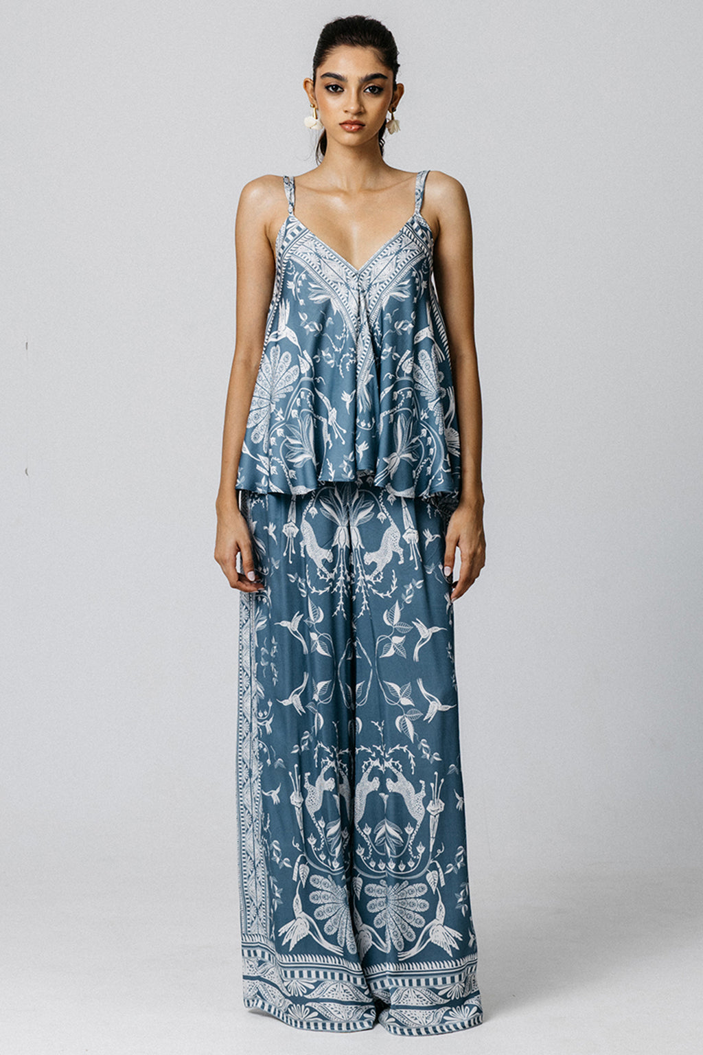 Lois London Ara Serendib Steel Blue Wide Leg Print Trousers