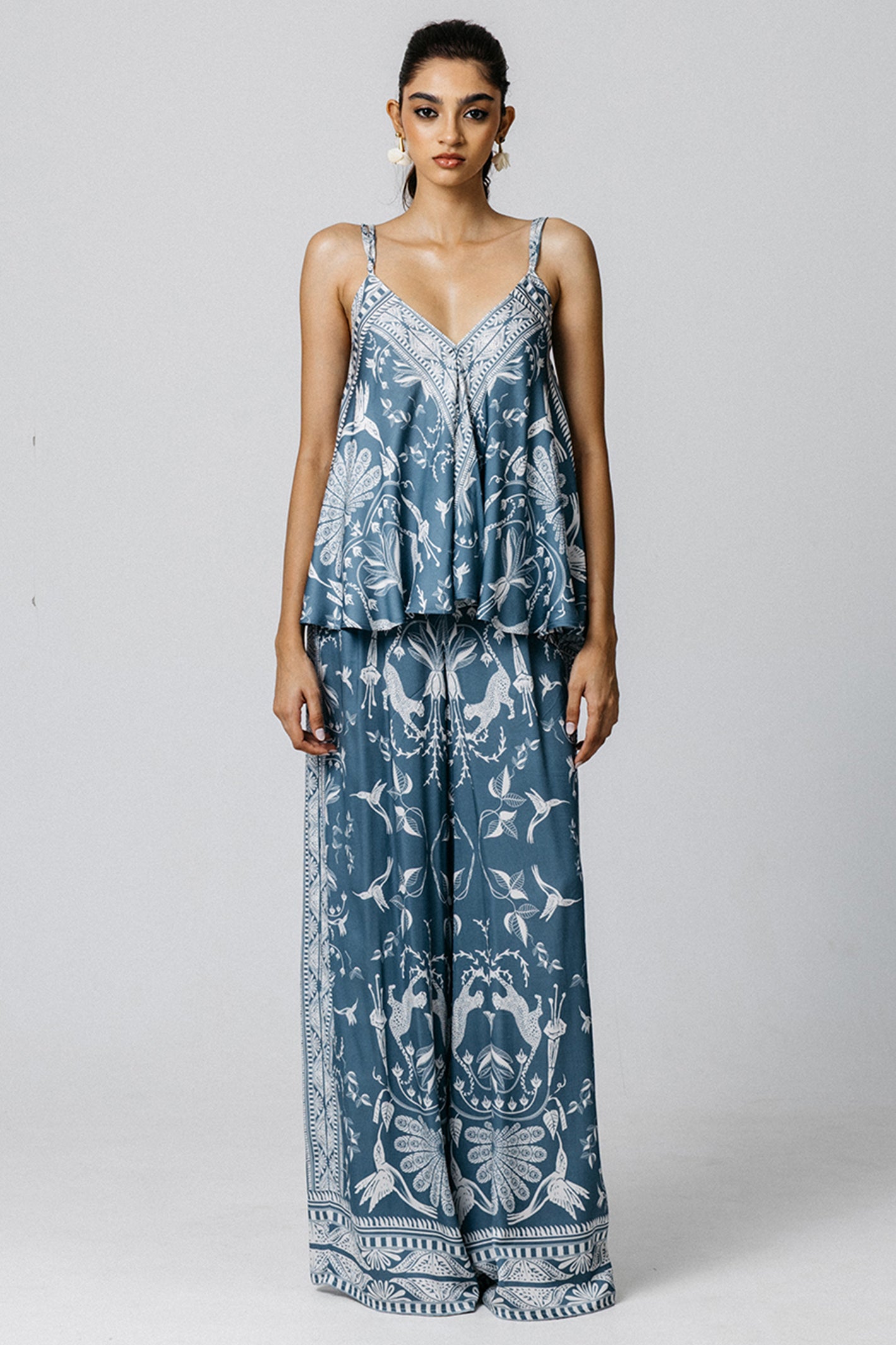 Lois London Ara Serendib Steel Blue Wide Leg Print Trousers
