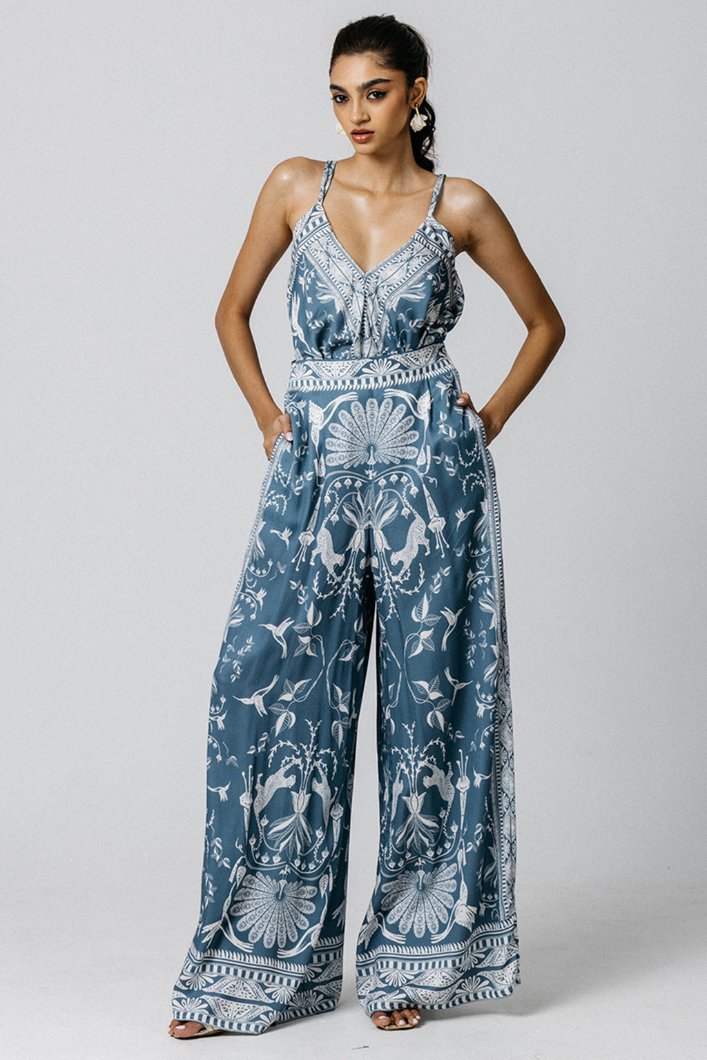 Lois London Ara Serendib Steel Blue Wide Leg Print Trousers
