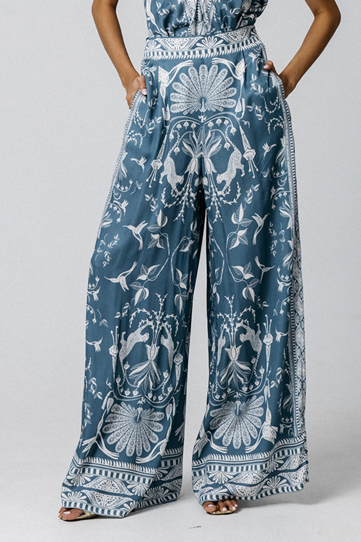 Lois London Ara Serendib Steel Blue Wide Leg Print Trousers