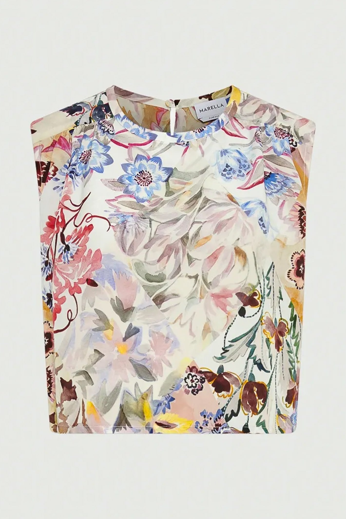 Floral sleeveless top with a brand label on a white background
