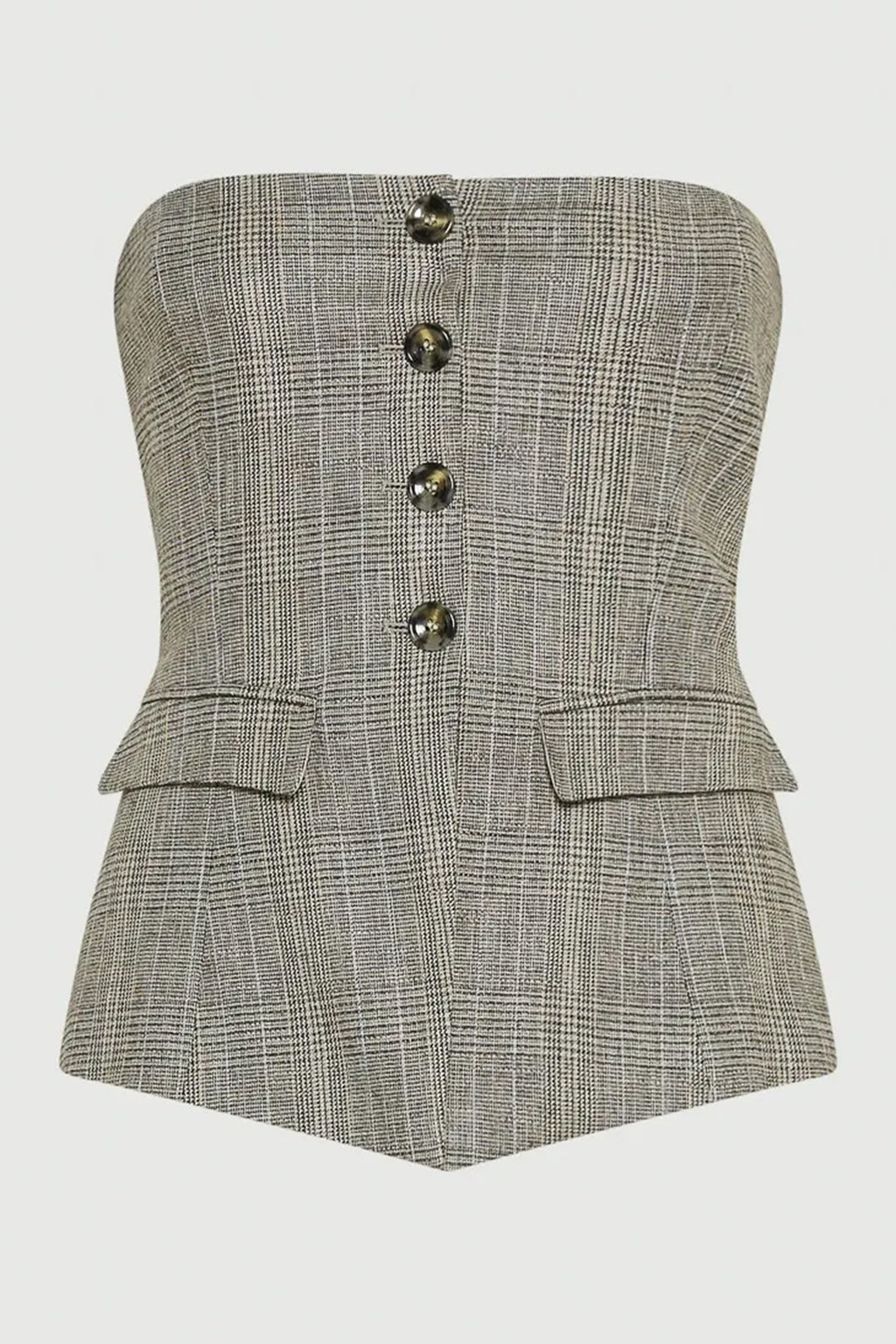 Gray checkered strapless blazer with button details on a white background