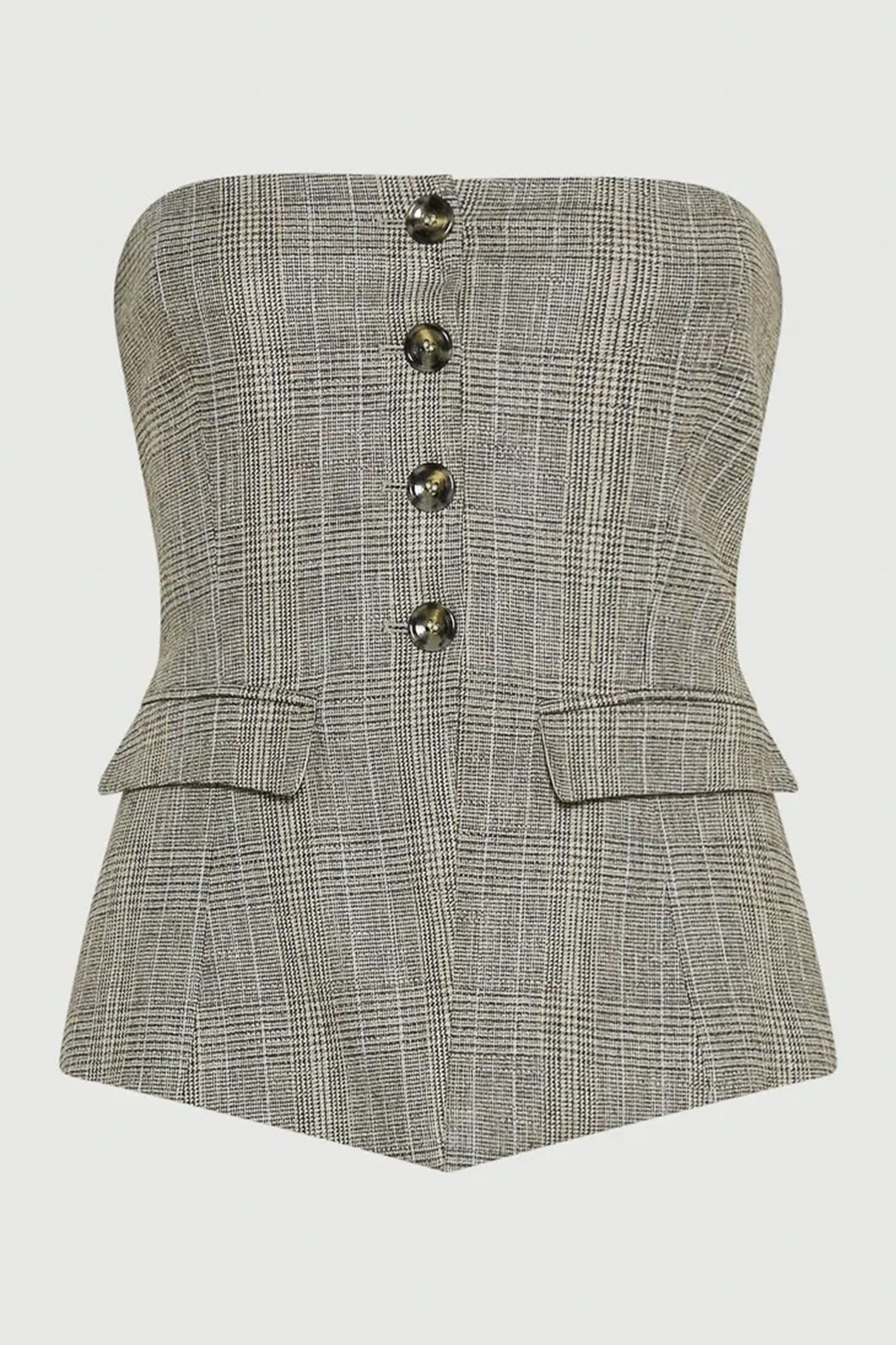 Gray checkered strapless blazer with button details on a white background