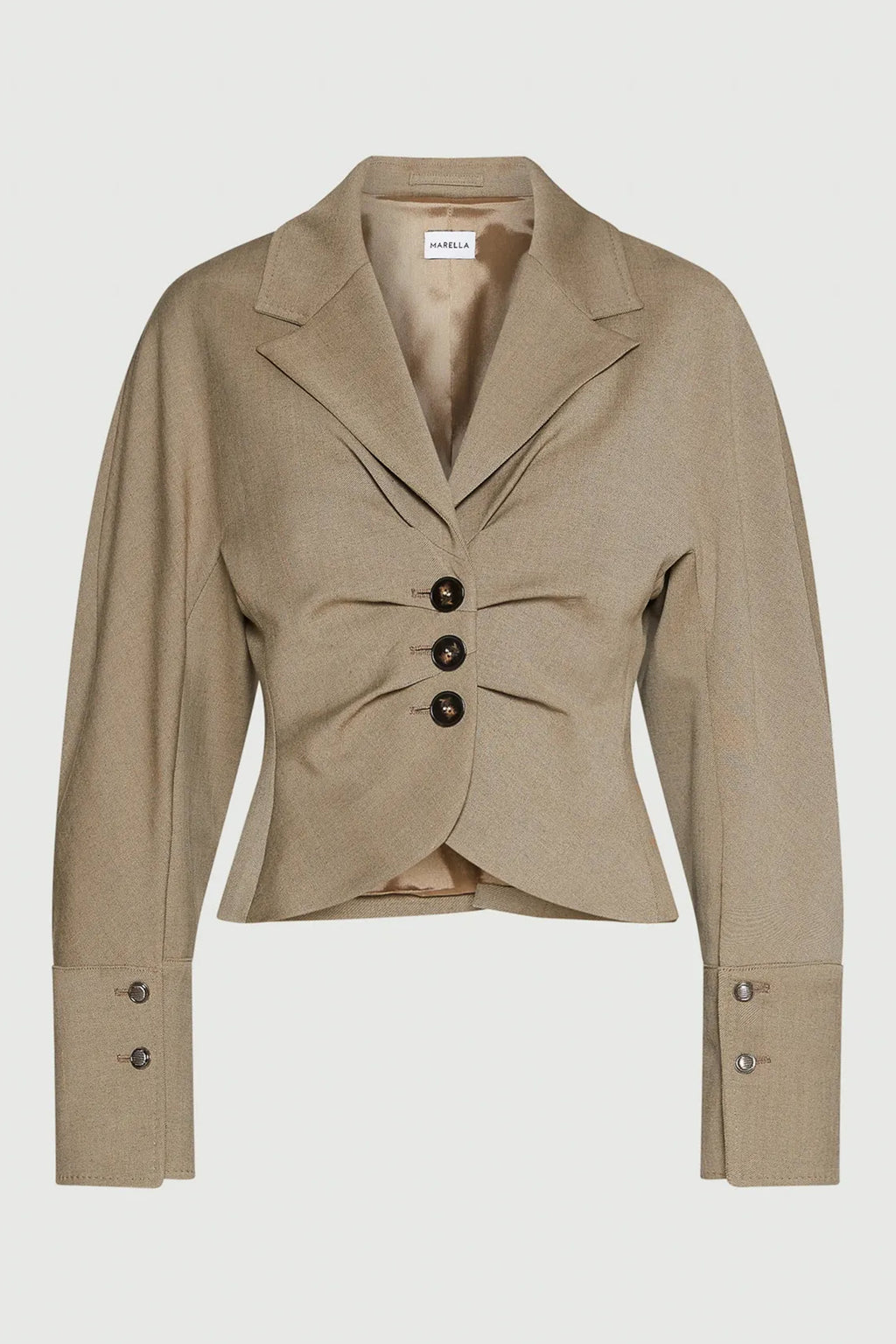 Beige blazer with button details on a light gray background