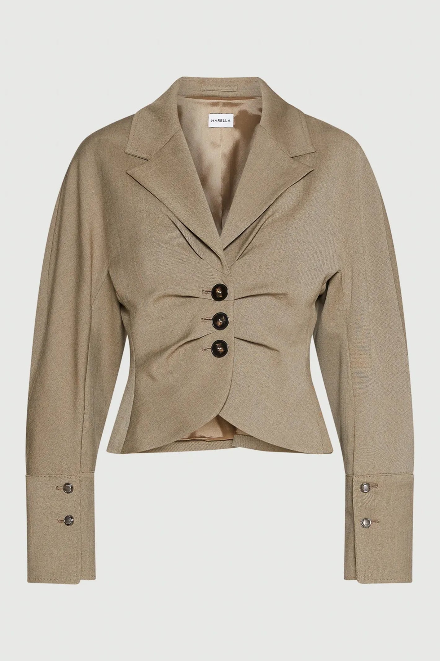 Beige blazer with button details on a light gray background