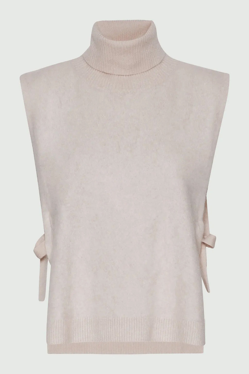 Beige sleeveless sweater vest with ribbed texture on a light gray background