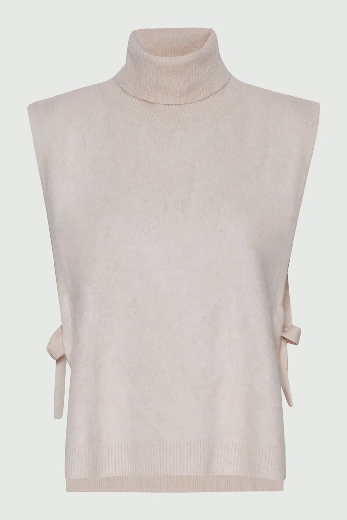 Beige sleeveless sweater vest with ribbed texture on a light gray background