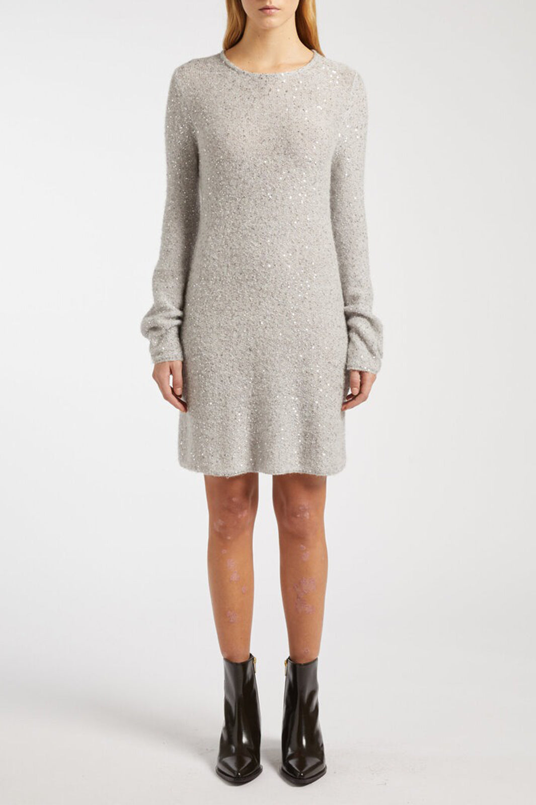 Marella Arles 2523326042200 Pearl Grey Sequin Detail Knitted Dress