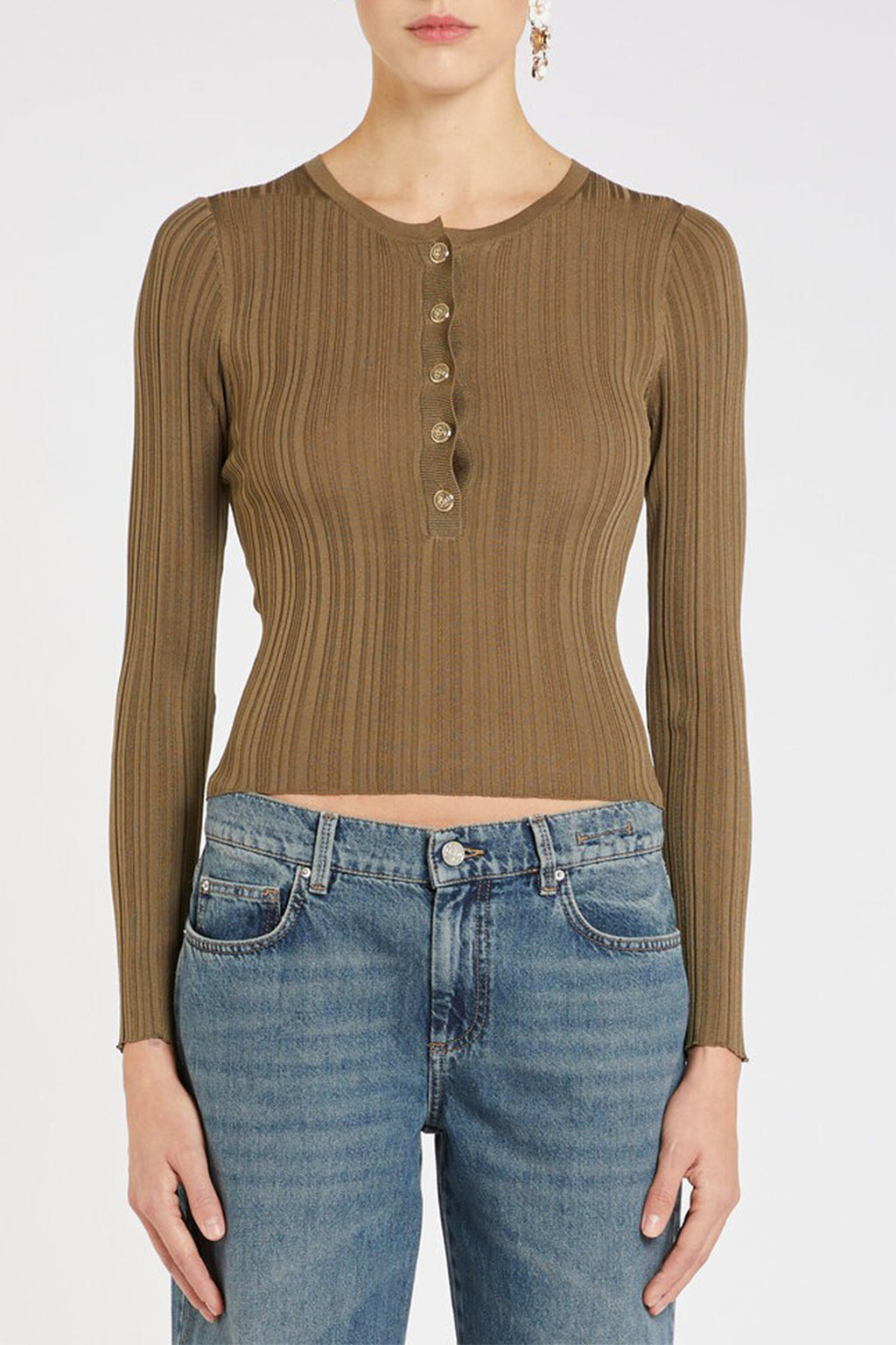 Marella Cleofe 2523366224200 Kaki Green Ribbed Grandad Top