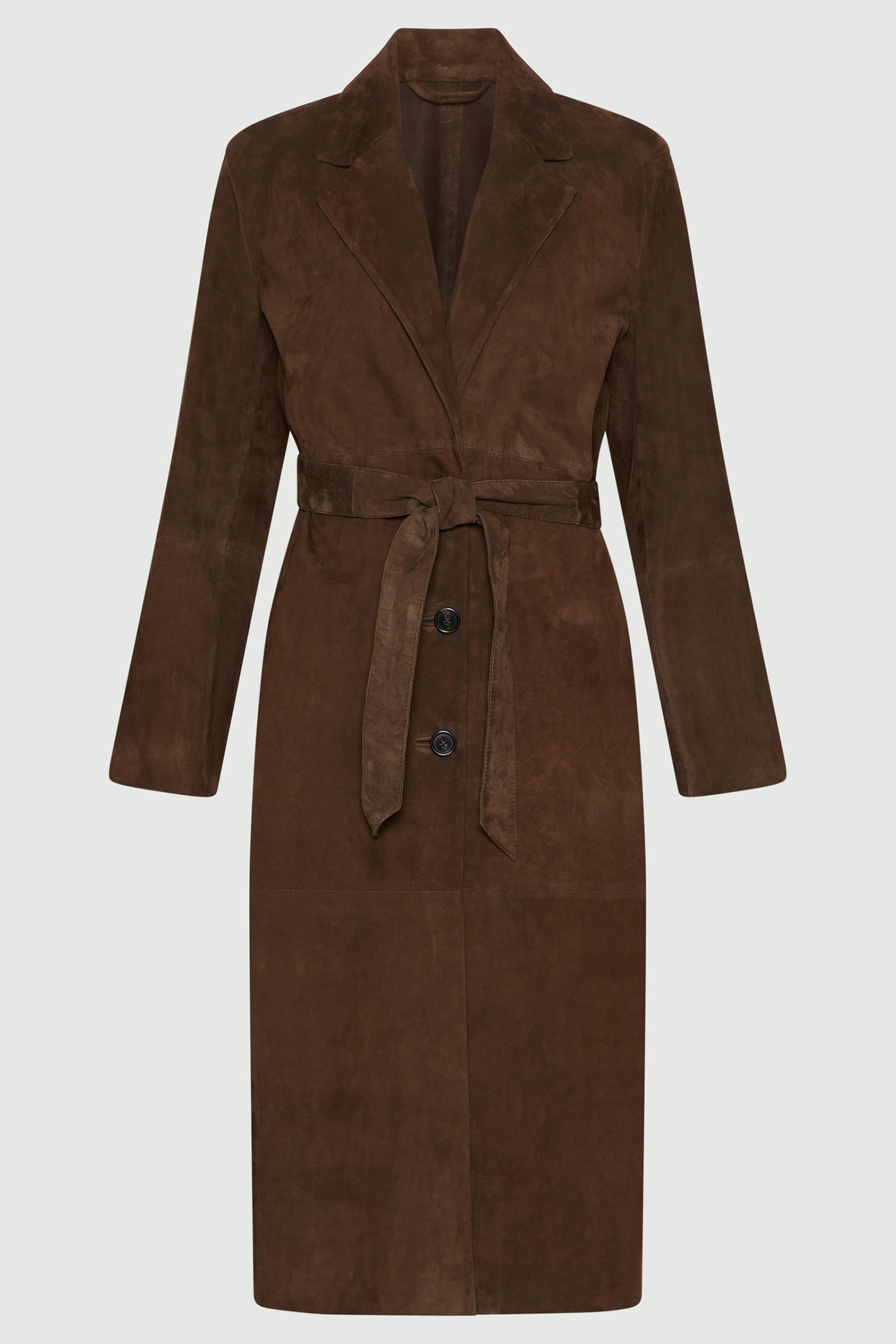 Brown suede coat with a belt on a white background