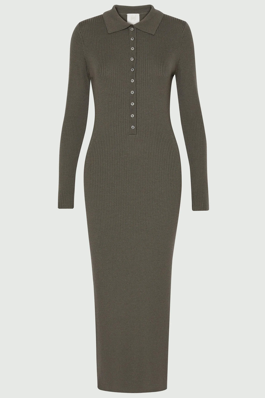 Green ribbed knit dress with collar on a light gray background