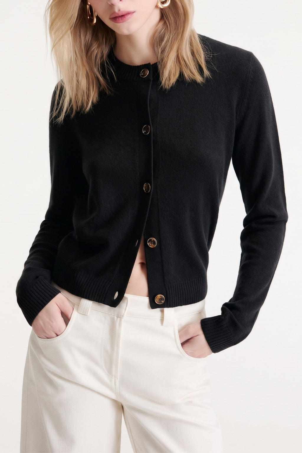 Marella MLLCICOGNA Black 100% Cashmere Yarn Cardigan, worn front view
