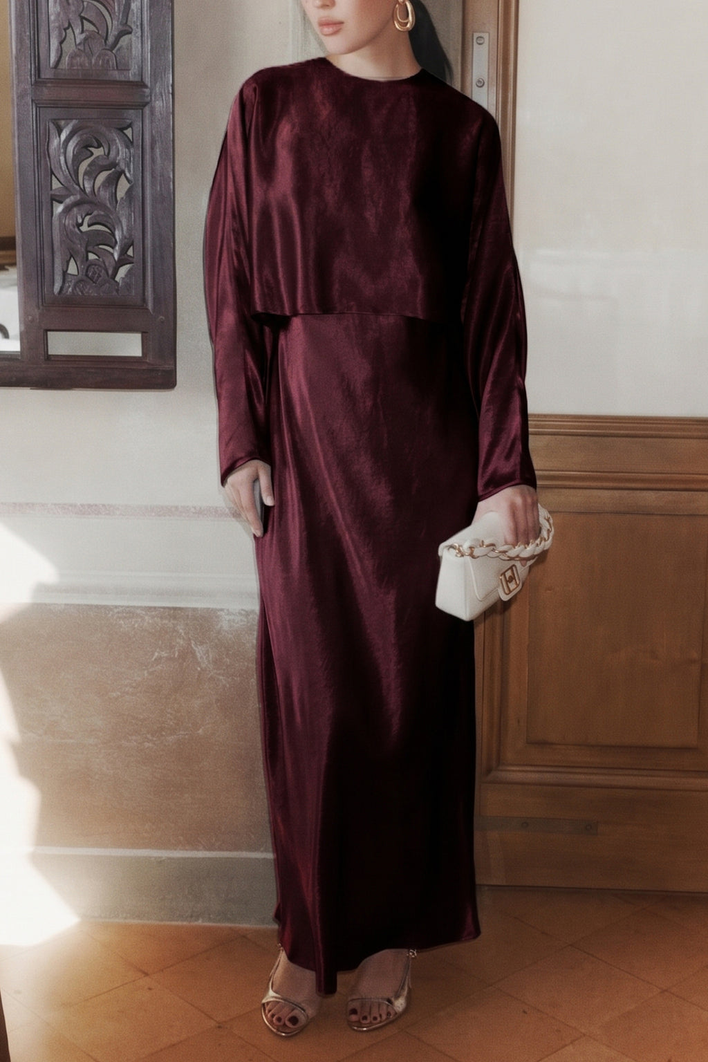 Marella MLLESPOSTO Bordeaux Washed Pure Acetate Satin Shirt, worn front view