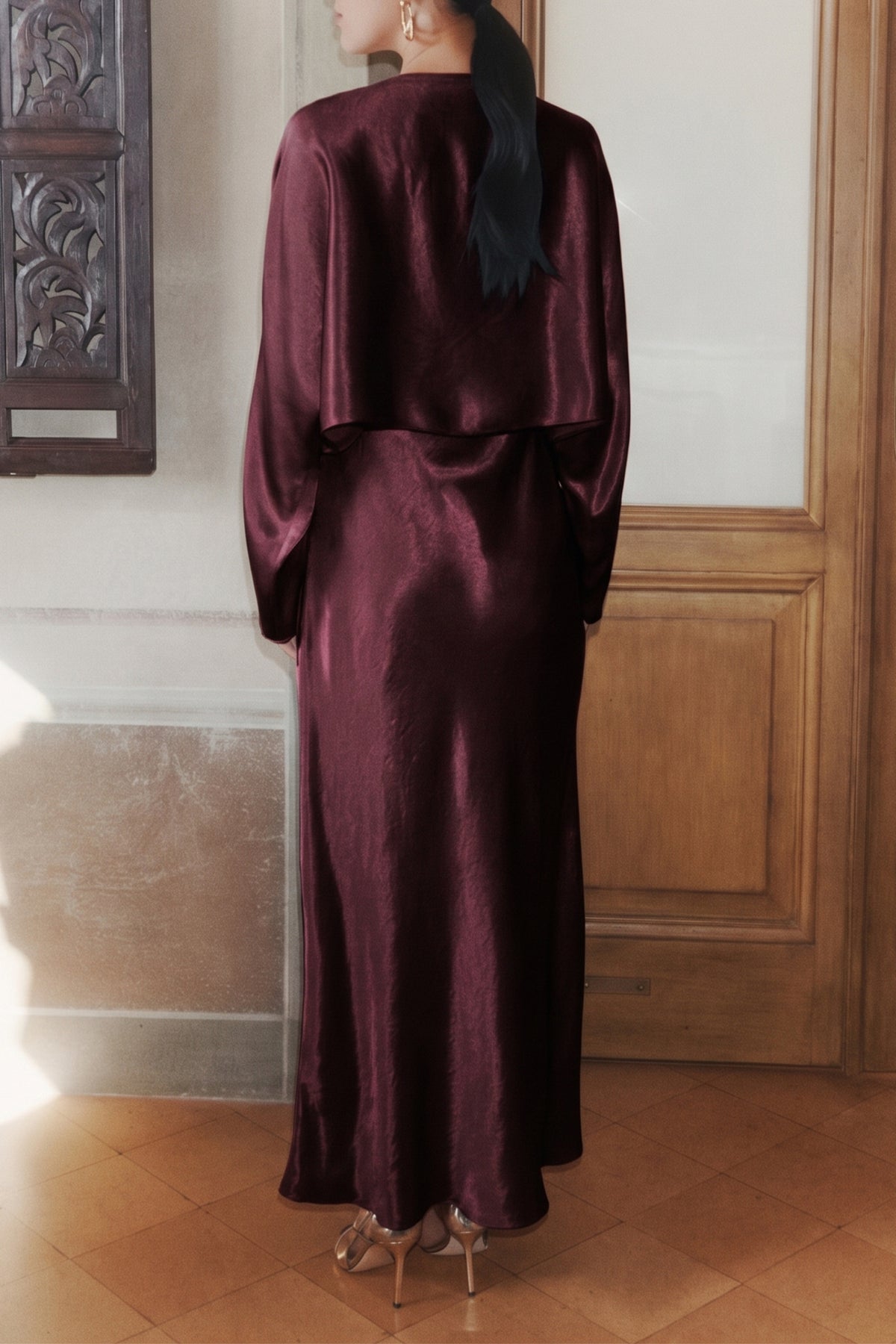 Marella MLLESPOSTO Bordeaux Washed Pure Acetate Satin Shirt, worn back view