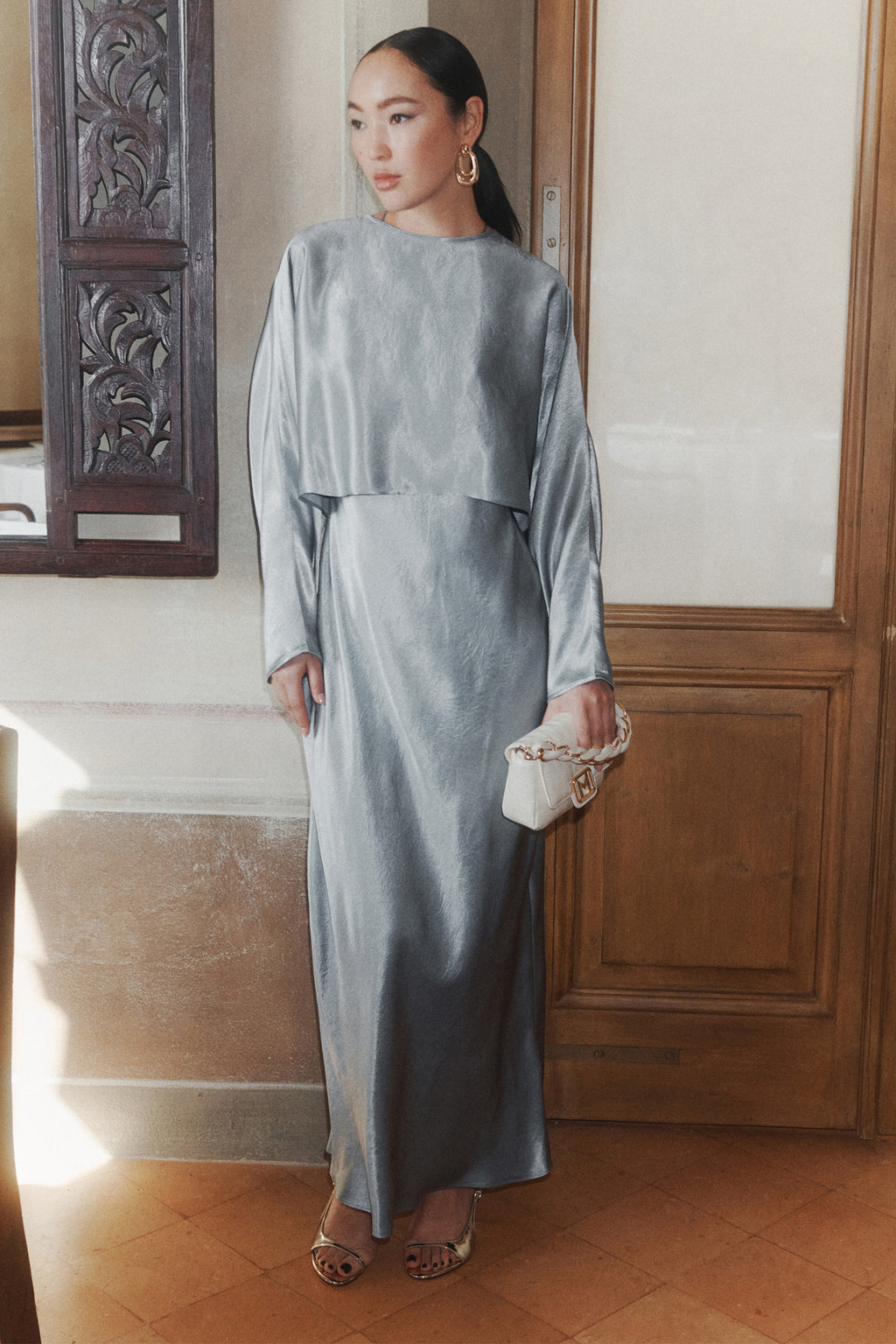 Marella MLLESPOSTO Dust Blue Washed Pure Acetate Satin Shirt, model view