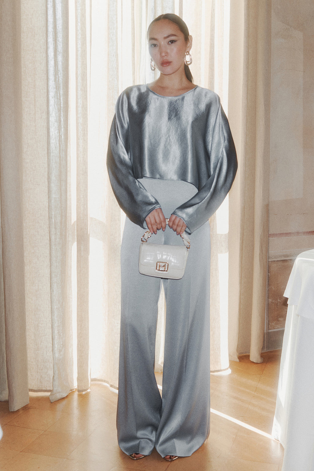 Marella MLLESPOSTO Dust Blue Washed Pure Acetate Satin Shirt, alternate view