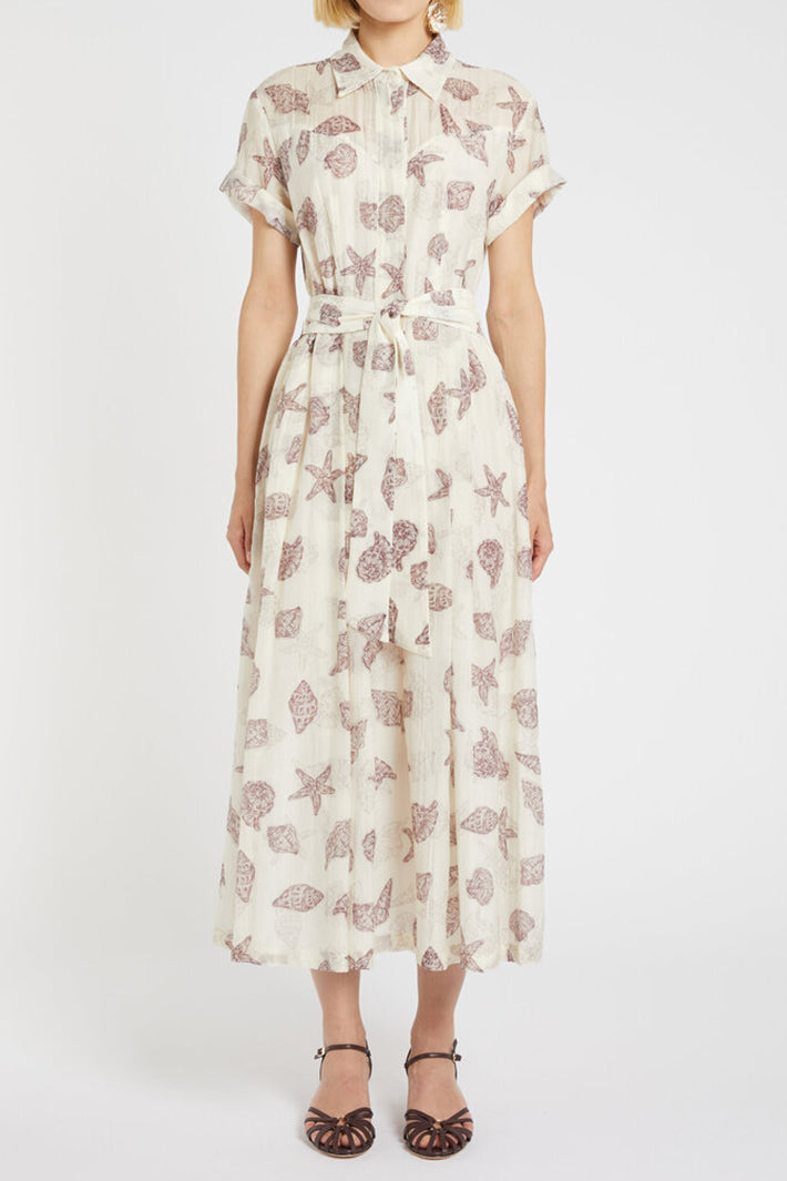 Marella Mllgalli Wool White Cotton Silk Seashell Print Shirt Dress 2613221342200