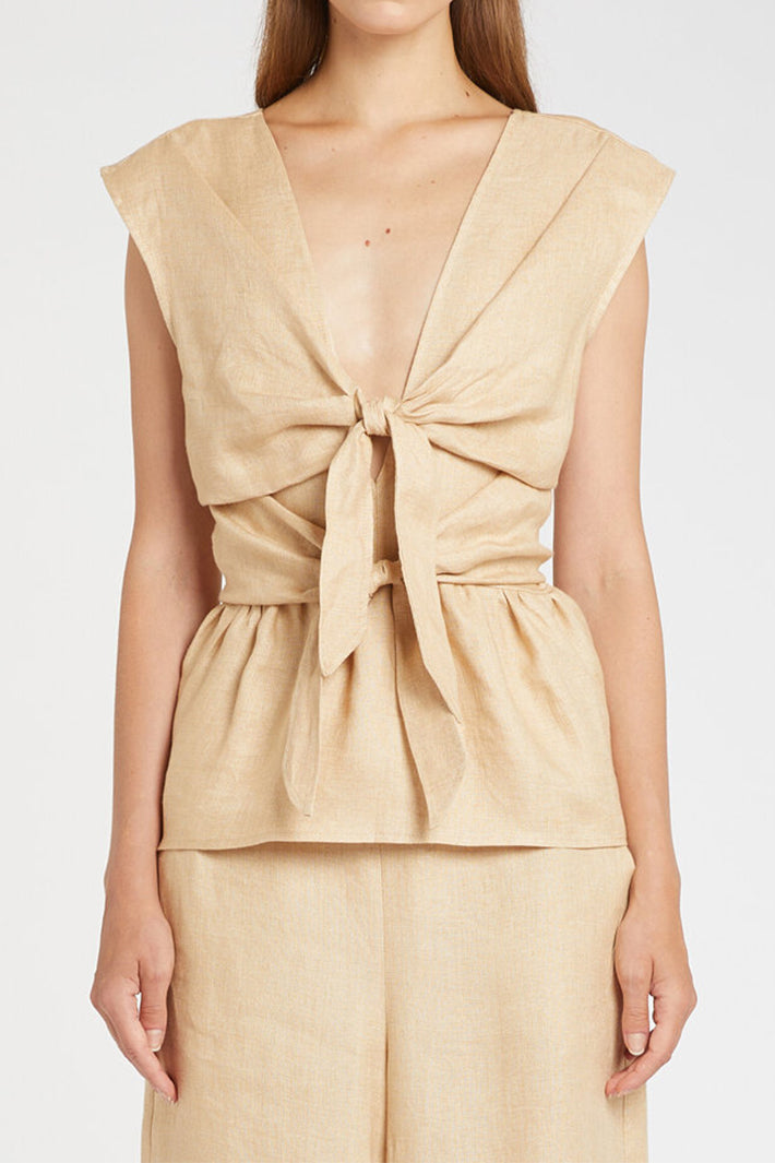 Marella Mllgarenna Buck Beige Tie Front Linen Top 2613161052200