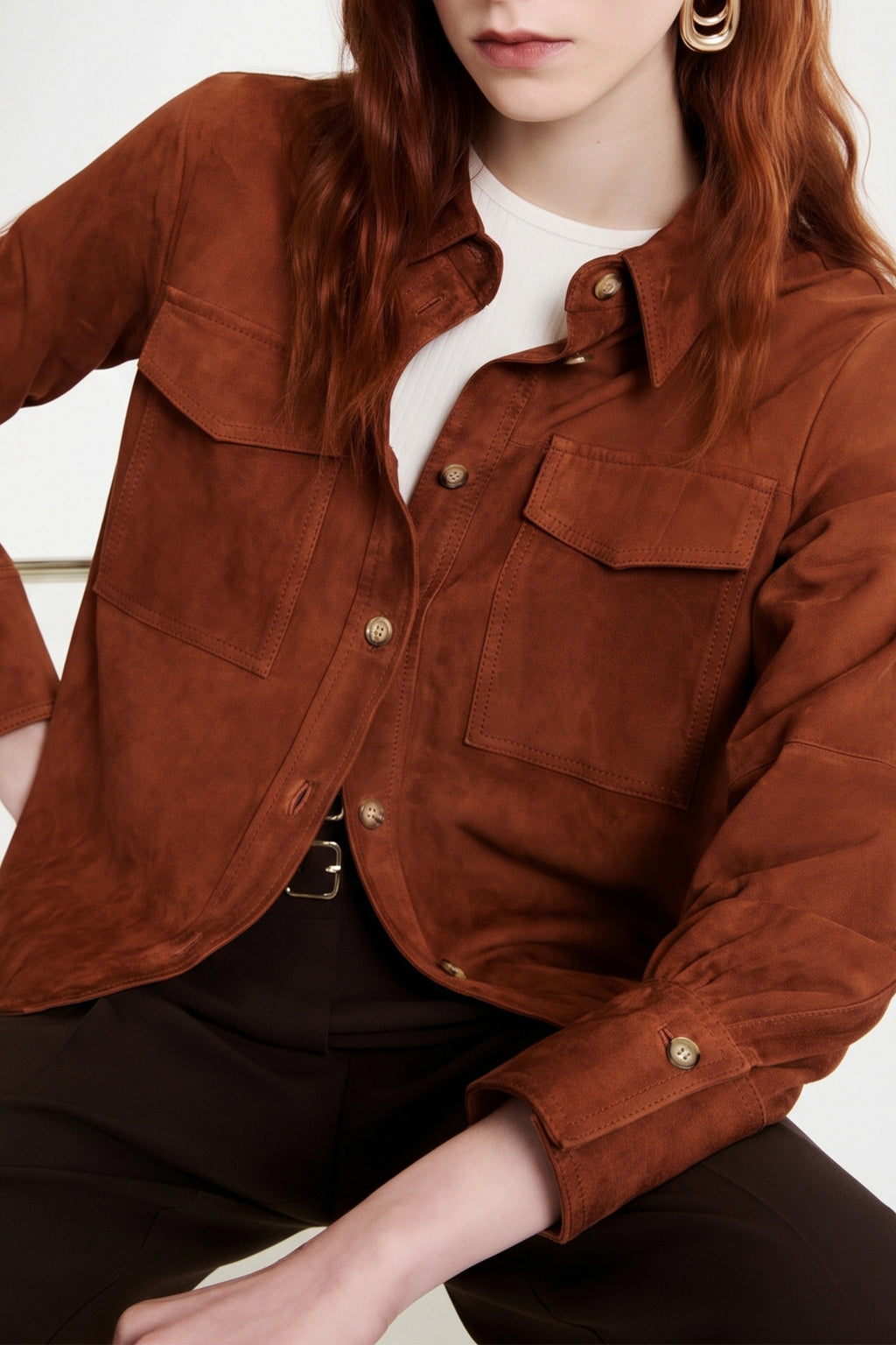 Marella MLLGIALLO Cognac Real Suede Jacket, worn front view