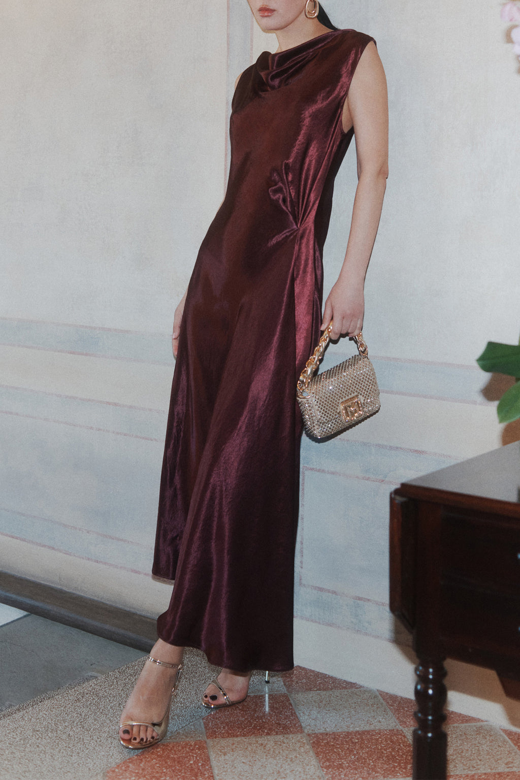 Marella MLLLIBERO Bordeaux Satin Dress, back view