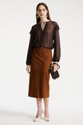 Marella MLLMARMO Cognac Brown Real Suede Skirt, model view