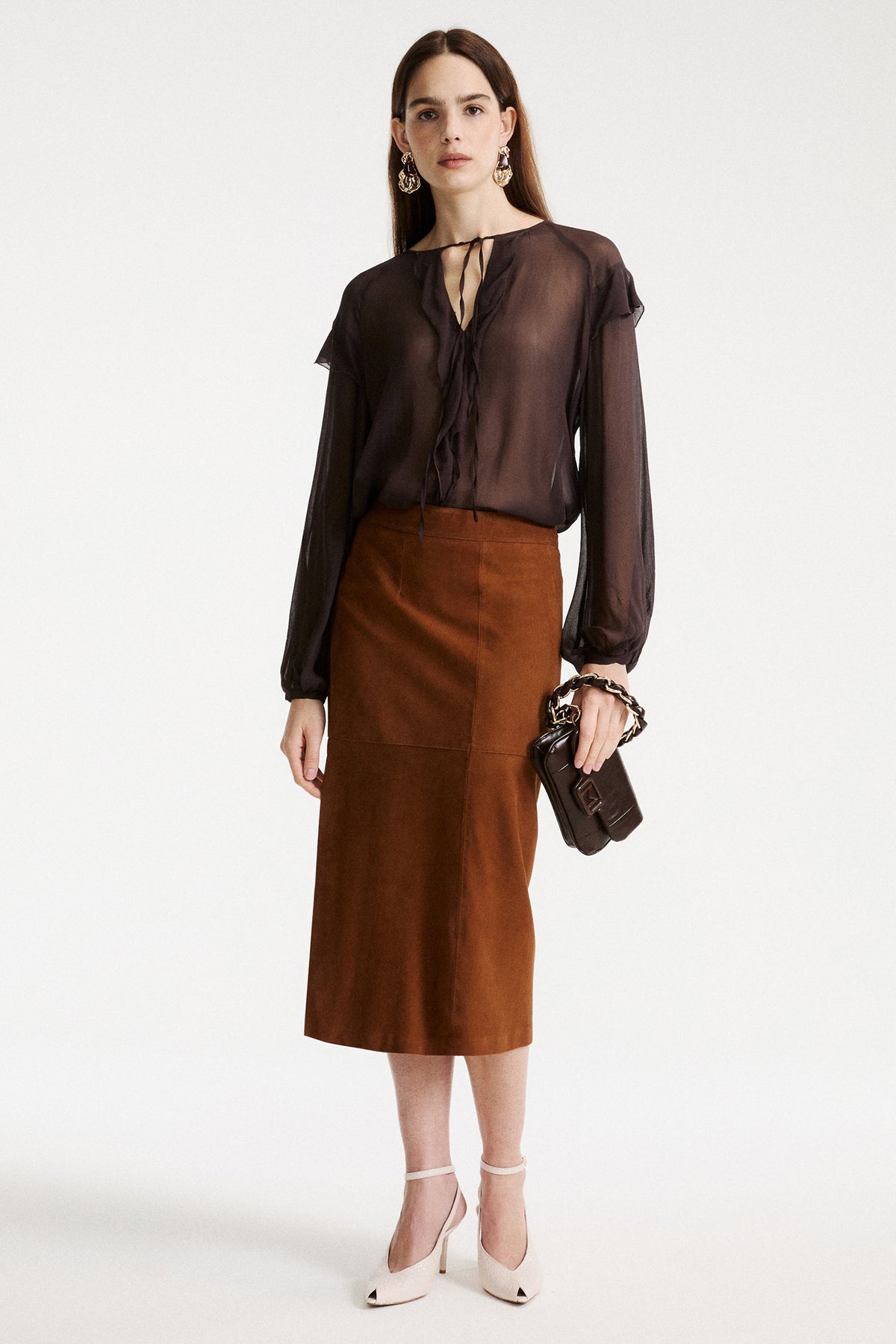 Marella MLLMARMO Cognac Brown Real Suede Skirt, model view