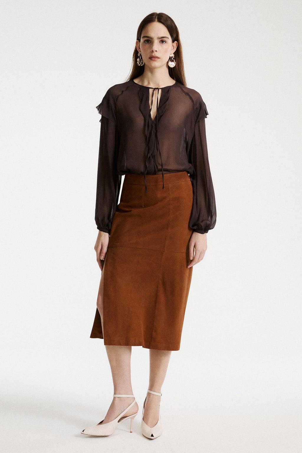Marella MLLMARMO Cognac Brown Real Suede Skirt, alternate view