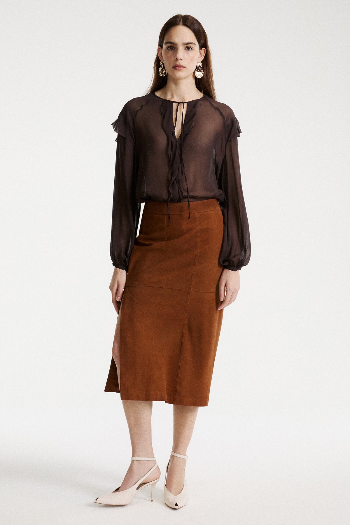 Marella MLLMARMO Cognac Brown Real Suede Skirt, alternate view