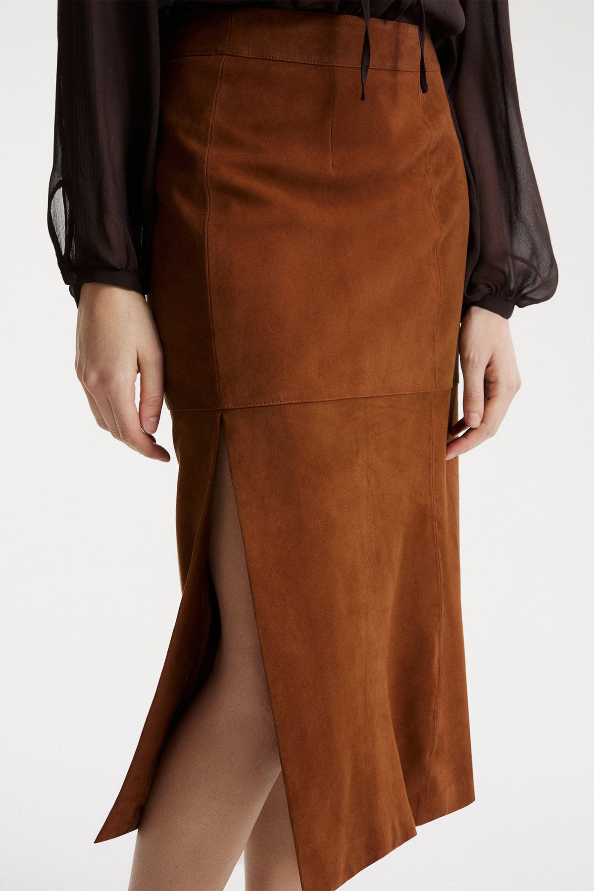Marella MLLMARMO Cognac Brown Real Suede Skirt, alternate view