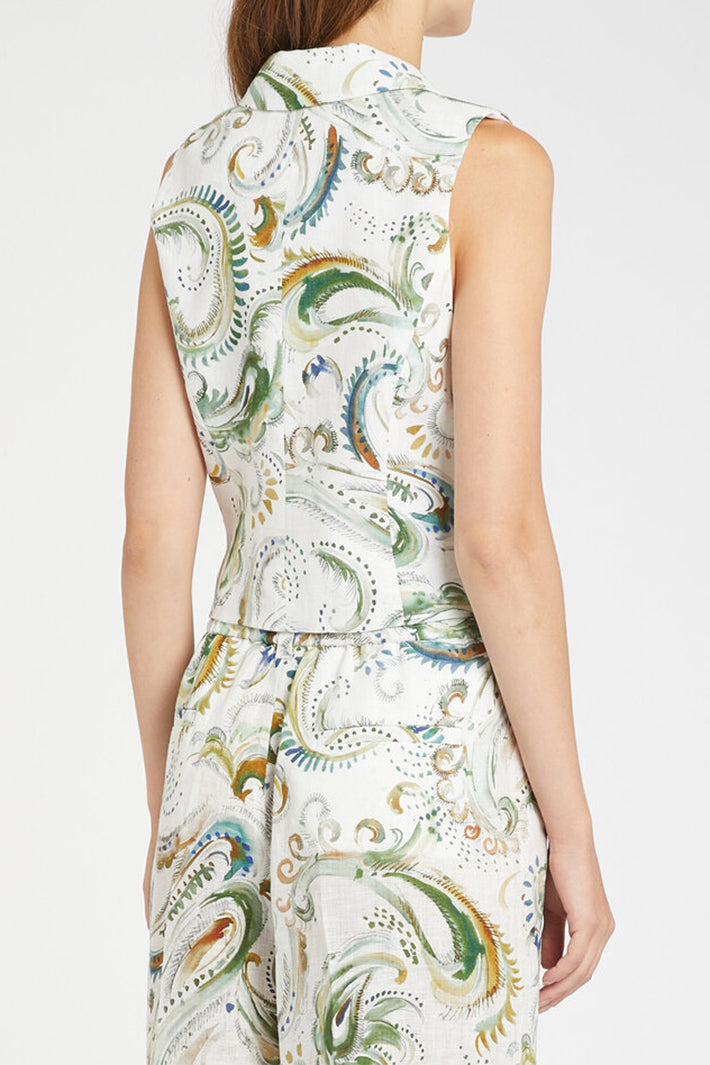 Marella Mllmelodia Optical White Print Linen Waistcoat Top 2613151032200