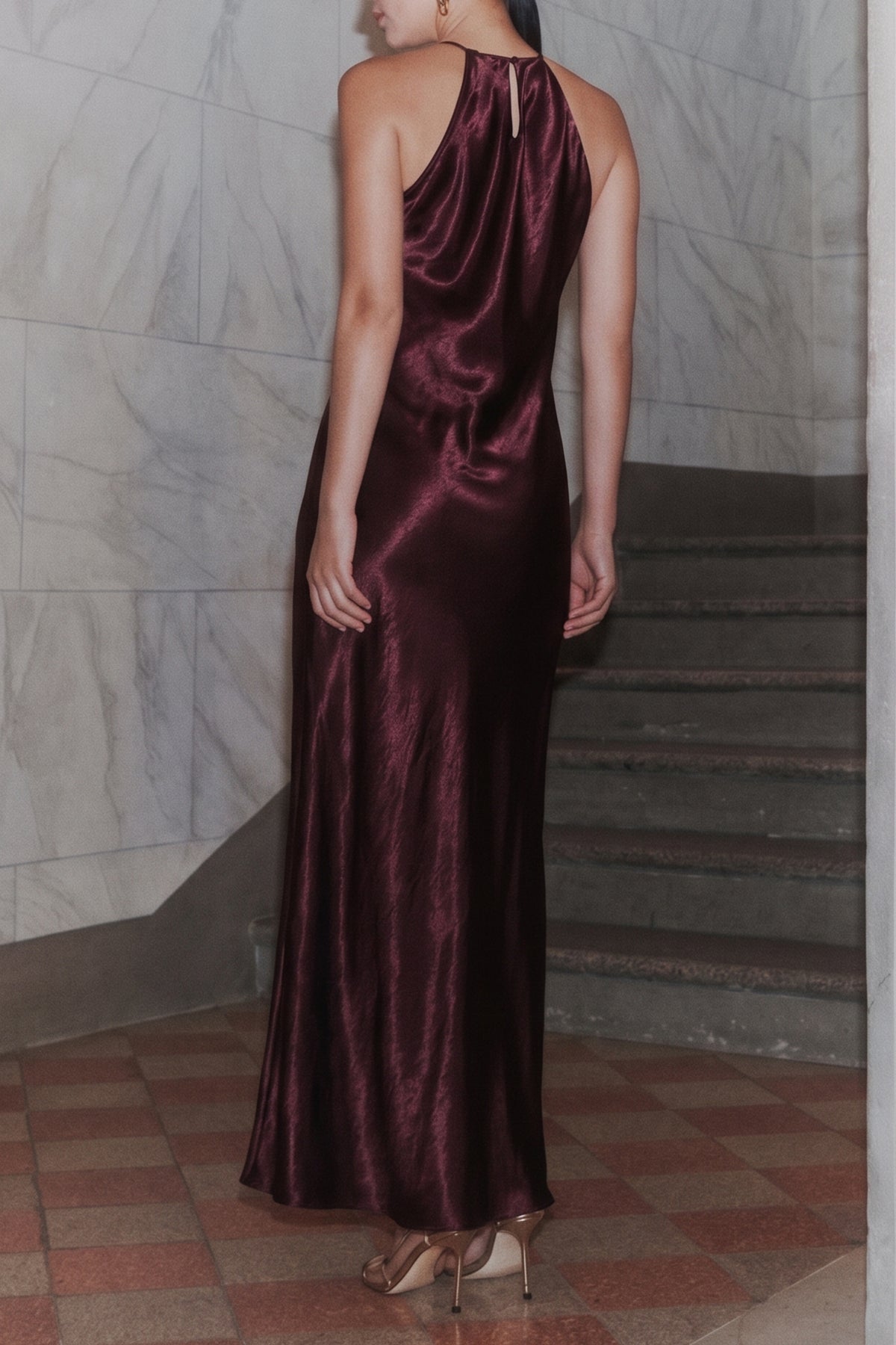 Marella MLLORIGINE Bordeaux Washed Satin Dress, worn back view
