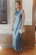 Marella MLLORIGINE Dust Blue Washed Pure Acetate Satin Dress, model view