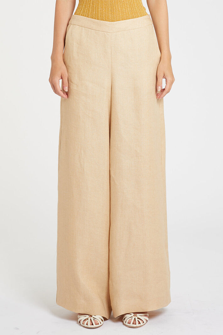 Marella Mllottelia Buck Beige Wide Leg Long Linen Trousers 2613131062200