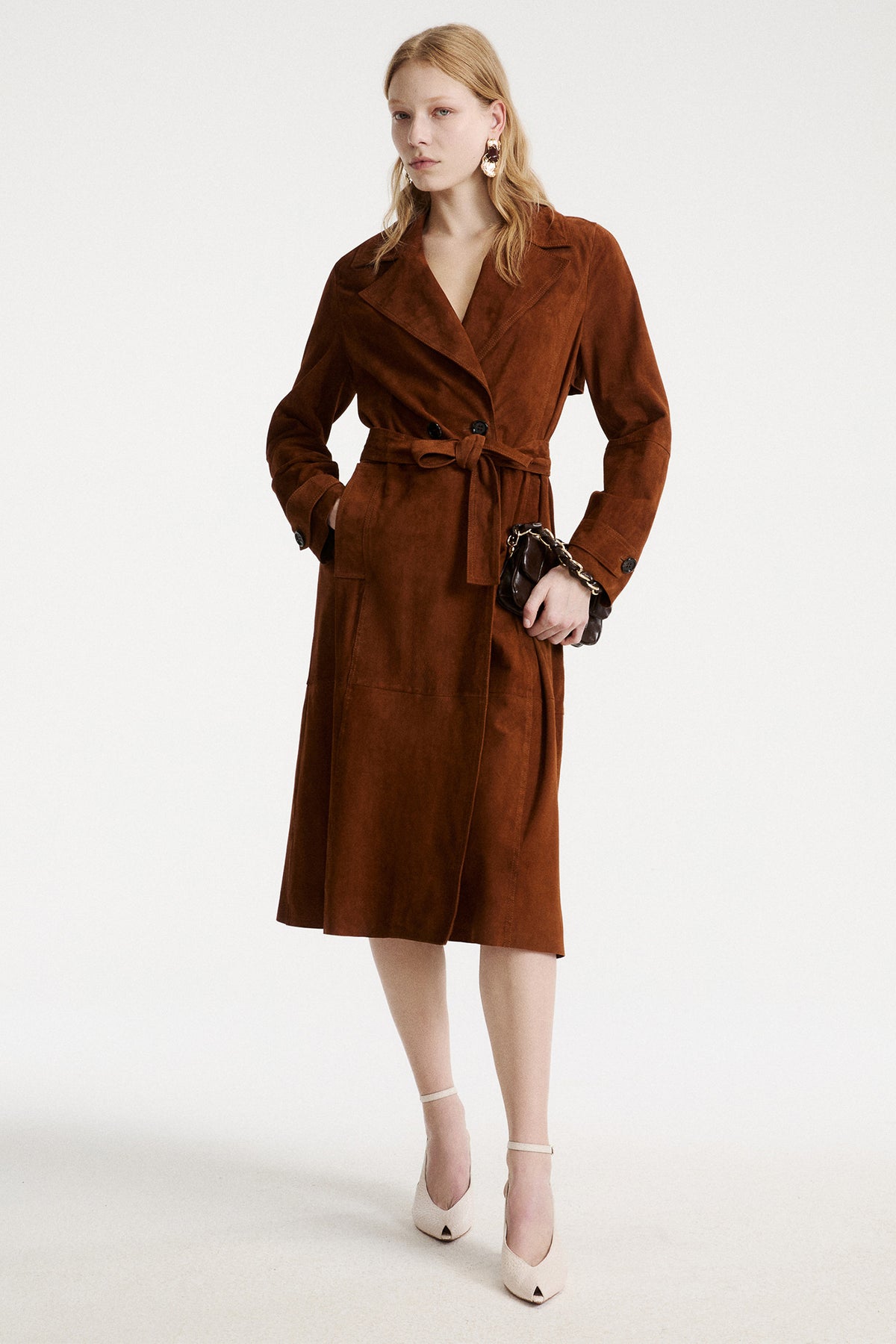 Marella MLLSALETTA Cognac Brown Real Suede Trench Coat, model view