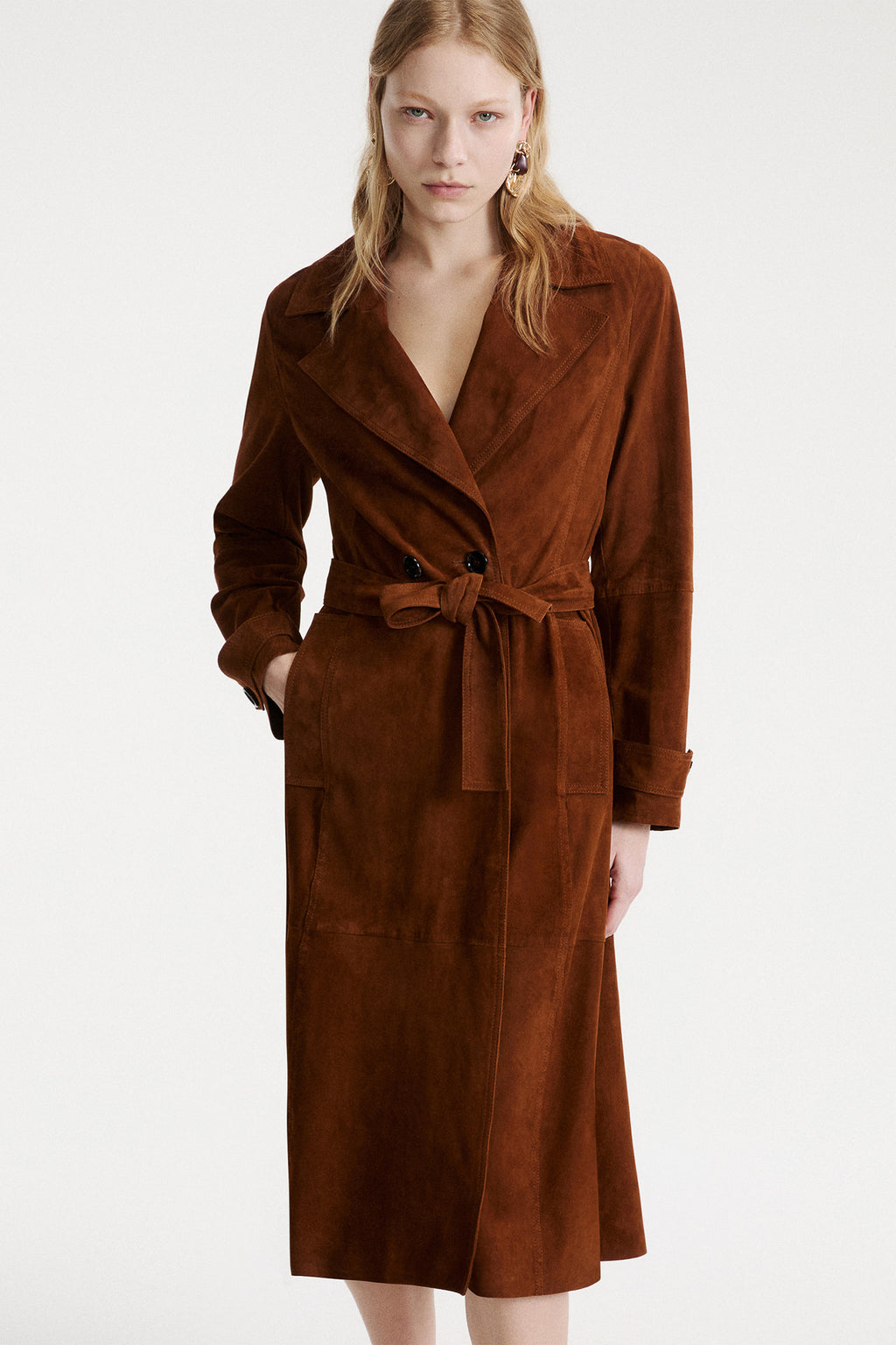 Marella MLLSALETTA Cognac Brown Real Suede Trench Coat, alternate view