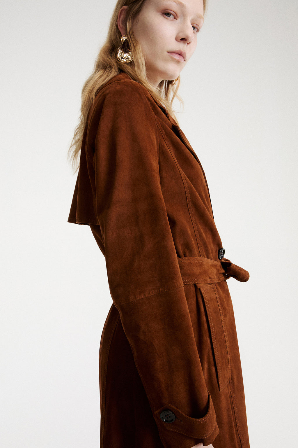 Marella MLLSALETTA Cognac Brown Real Suede Trench Coat, detail view