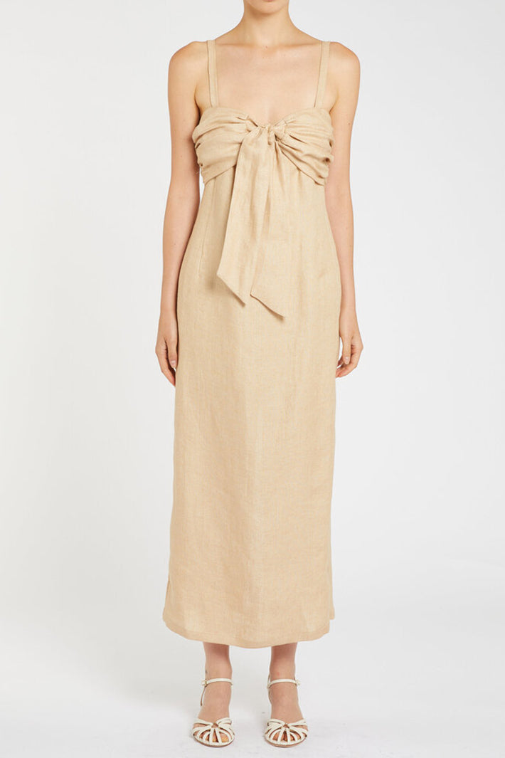 Marella Mllvicario Buck Beige Tie Front Linen Dress 2613221062200