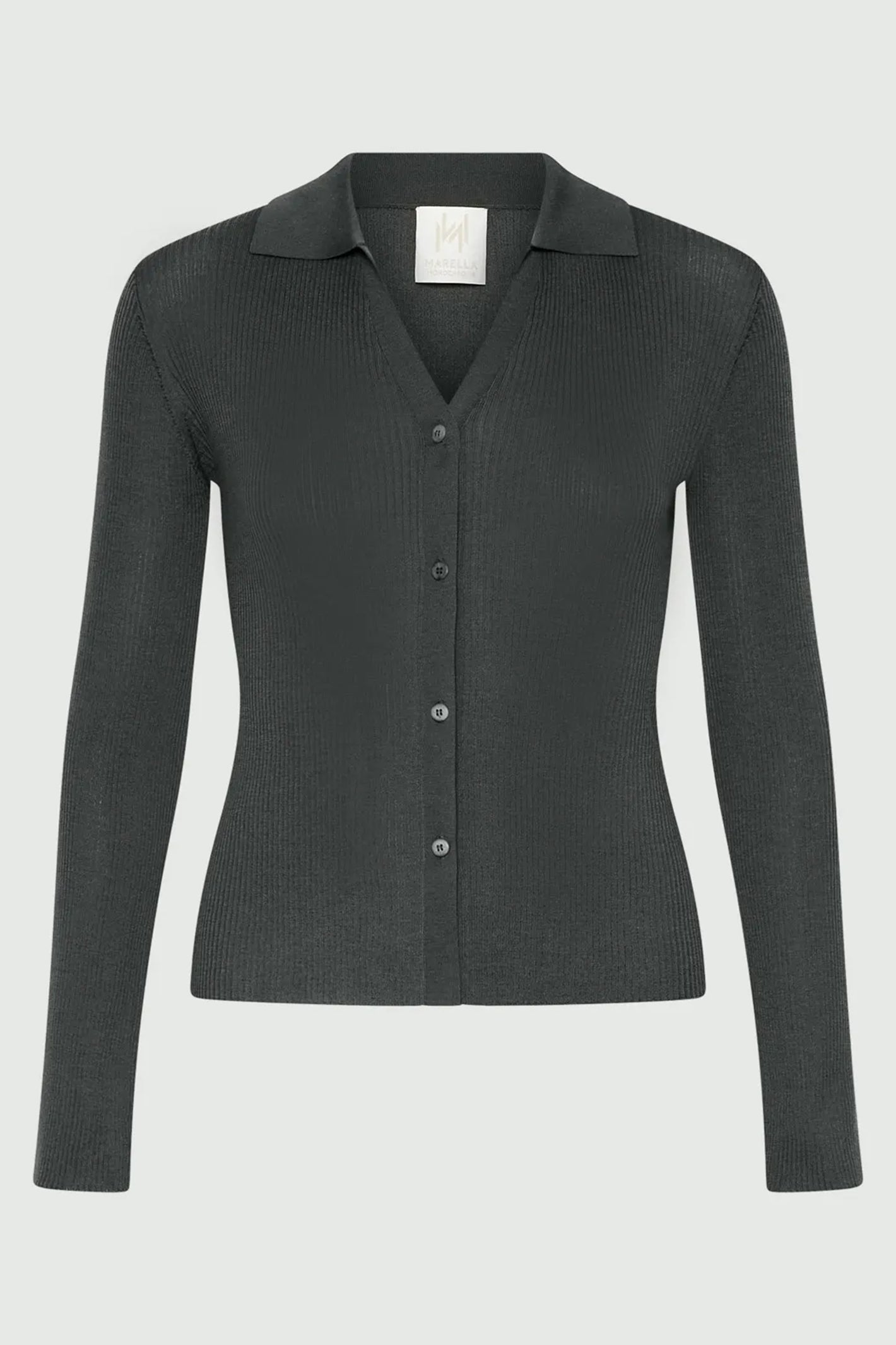 Dark green cardigan on a light gray background