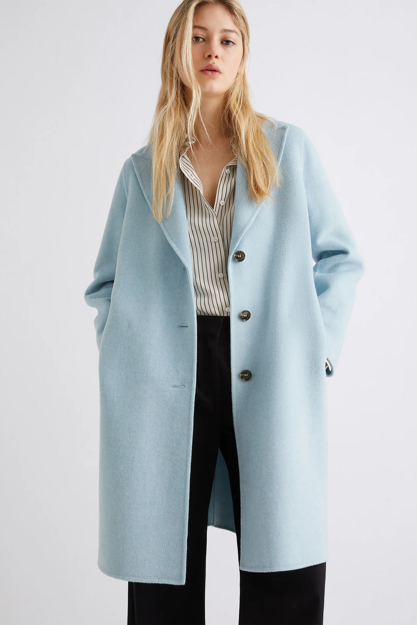 Marella Polka 2523016091200 Light Blue Double-Faced Wool-Blend Coat
