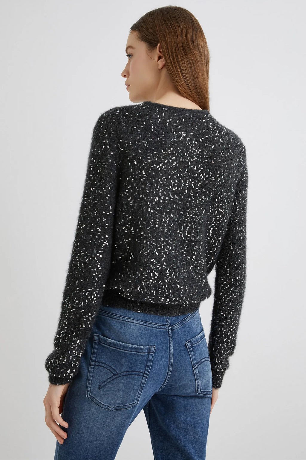 Marella Saba1 2523346152200 Grey Melange Sequin Detail Knit Cardigan