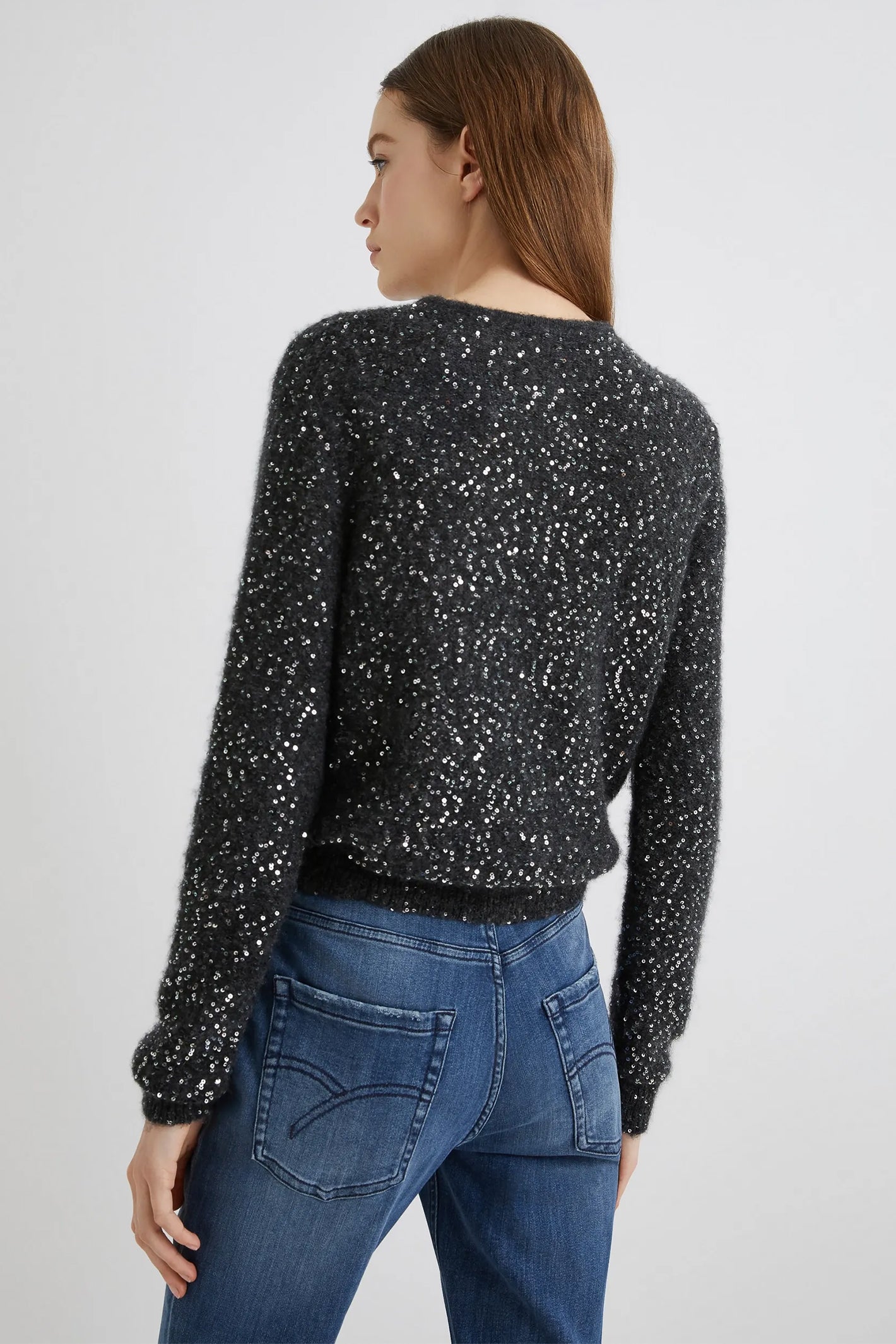 Marella Saba1 2523346152200 Grey Melange Sequin Detail Knit Cardigan