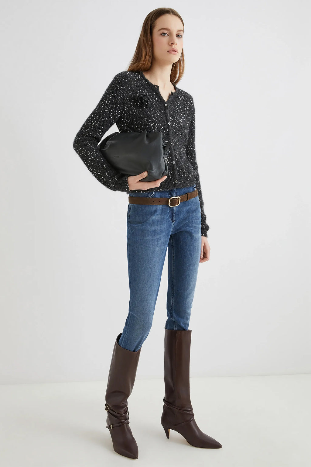 Marella Saba1 2523346152200 Grey Melange Sequin Detail Knit Cardigan