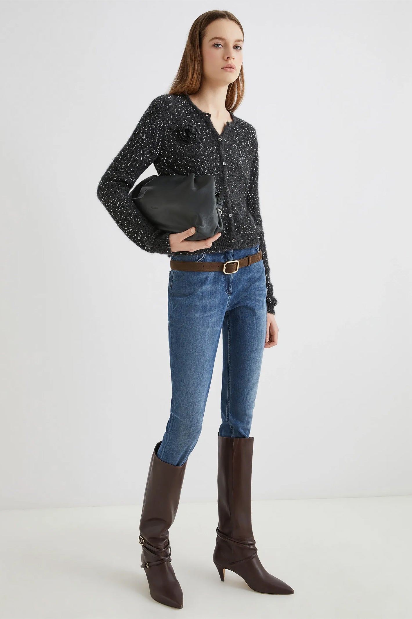 Marella Saba1 2523346152200 Grey Melange Sequin Detail Knit Cardigan