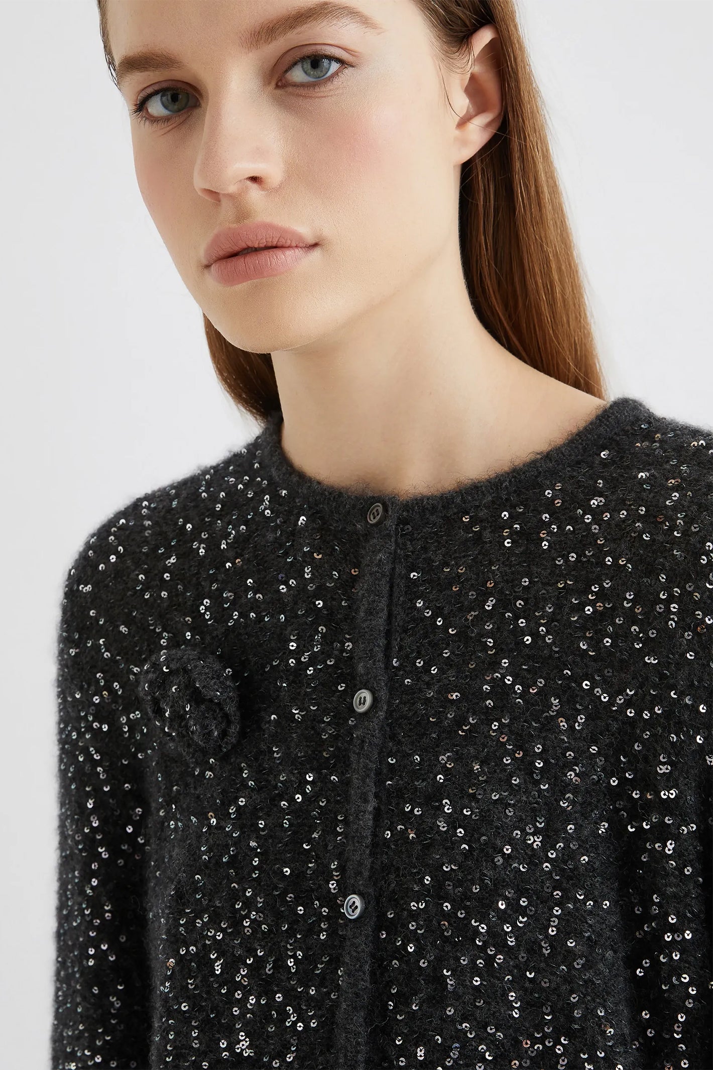 Marella Saba1 2523346152200 Grey Melange Sequin Detail Knit Cardigan