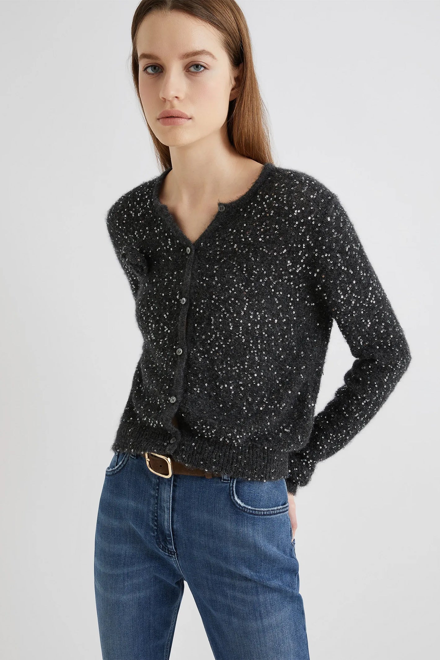 Marella Saba1 2523346152200 Grey Melange Sequin Detail Knit Cardigan