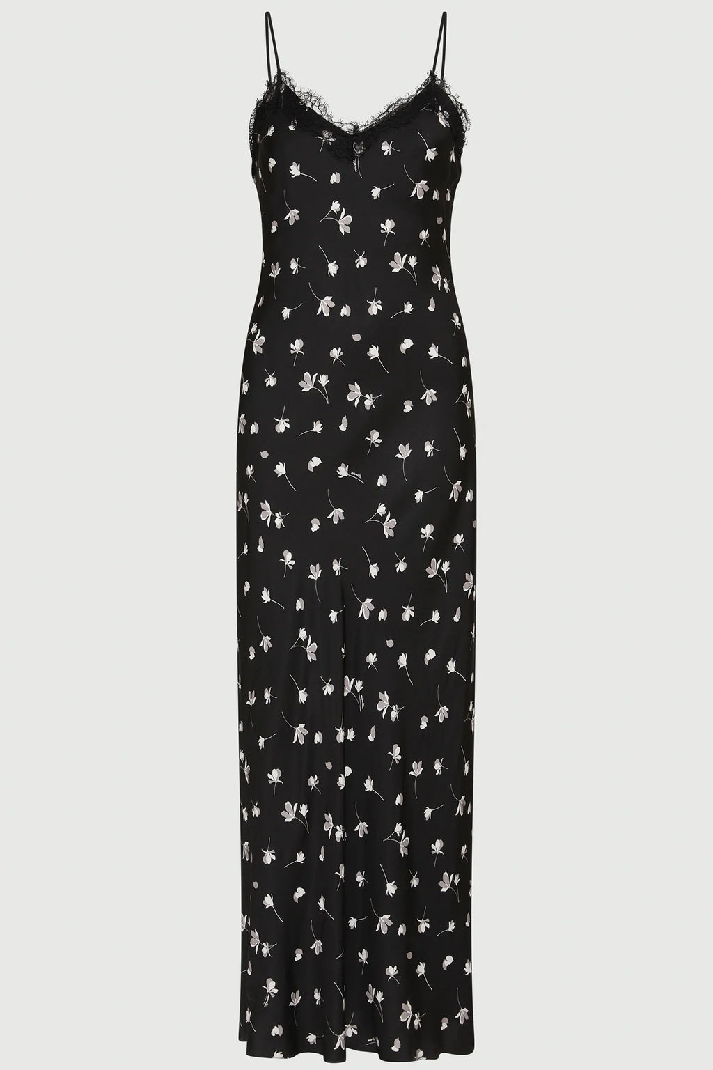 Black floral patterned dress on a white background