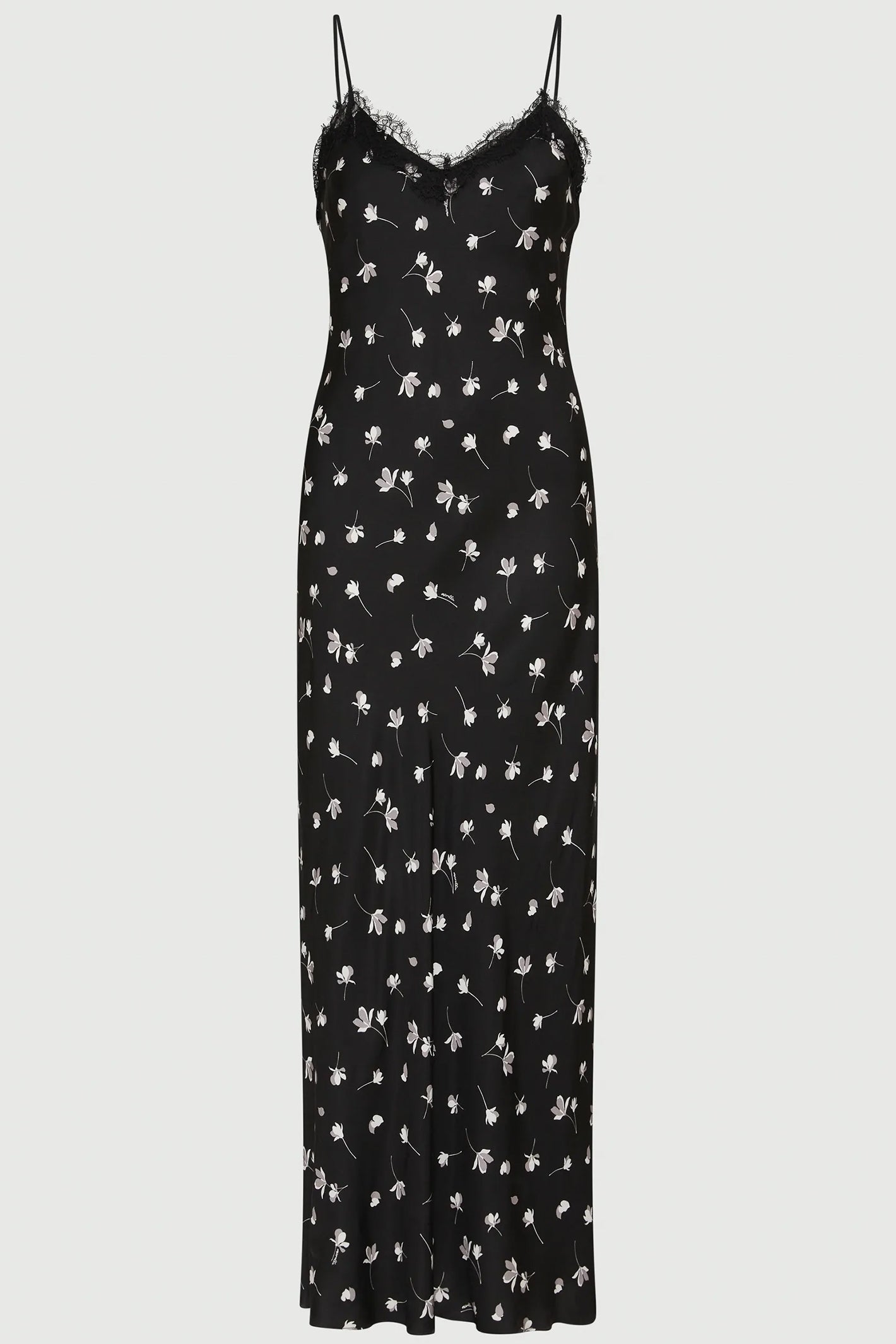 Black floral patterned dress on a white background