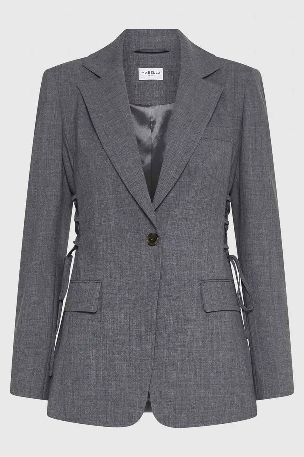 Gray blazer with a visible brand label on a light gray background